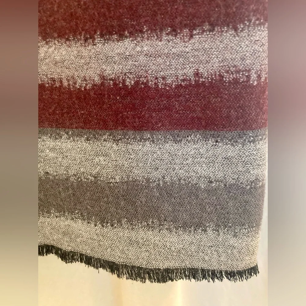 Striped Soft Lightweight Wool Scarf - Gray/Burgundy/Tan 74” x 26”